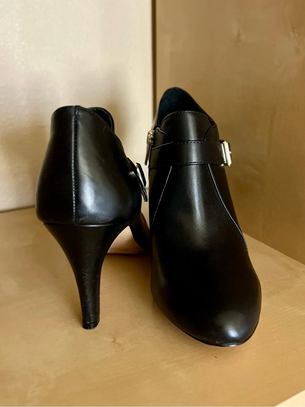 Vince Camuto Vonilesa Black Leather Ankle Stiletto Booties with Gold Buckle